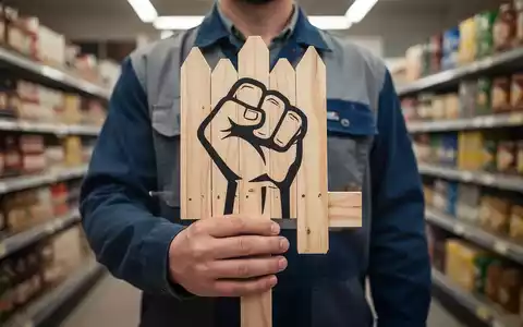 Nahaufnahme eines Streikschilds, das von einer Person in Arbeitskleidung gehalten wird, mit unscharfem Supermarktgang im Hintergrund. - Foto: über boerse-global.de