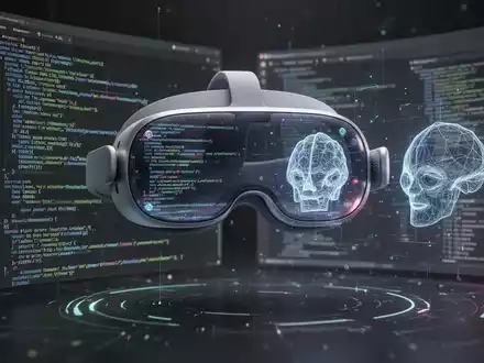 Apple Vision Pro headset displaying lines of code and 3D models, symbolizing spatial computing development and game engine remnants. - Foto: über boerse-global.de