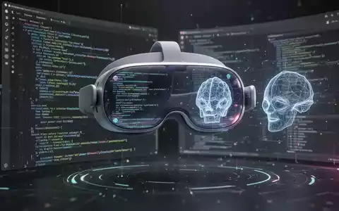 Apple Vision Pro headset displaying lines of code and 3D models, symbolizing spatial computing development and game engine remnants. - Foto: über boerse-global.de