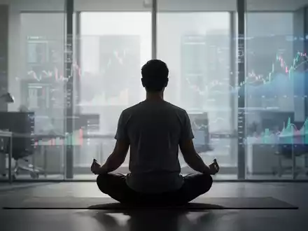 Eine Person meditiert in einem ruhigen, modernen Büro, mit sanftem Licht und verschwommenen Finanzdaten im Hintergrund. - Foto: über boerse-global.de
