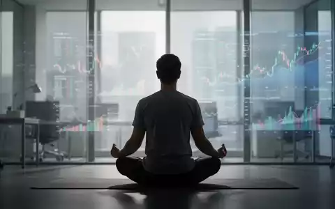 Eine Person meditiert in einem ruhigen, modernen Büro, mit sanftem Licht und verschwommenen Finanzdaten im Hintergrund. - Foto: über boerse-global.de