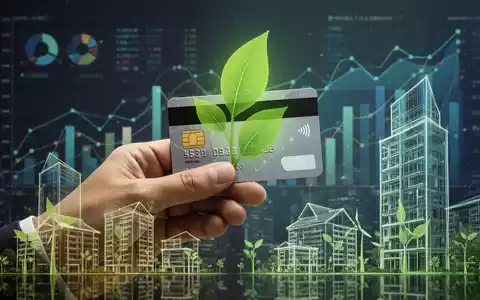 Eine Hand hält eine Kreditkarte mit einem zarten grünen Blatt-Overlay vor einem Hintergrund aus Finanzdaten und nachhaltigen Gebäuden. - Foto: über boerse-global.de
