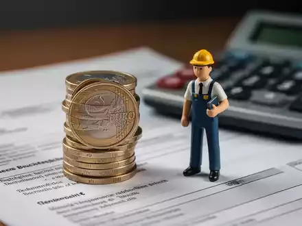 Ein Stapel Euro-Münzen neben einer kleinen Figur, die einen Praktikanten darstellt, auf einem Schreibtisch mit Dokumenten und Taschenrechner. - Foto: über boerse-global.de