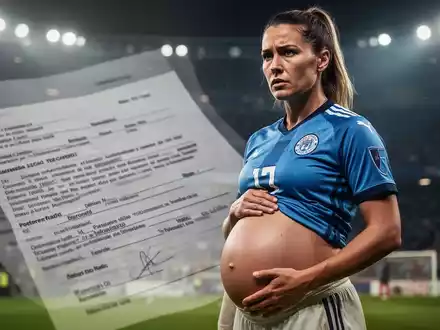 Eine schwangere Fußballspielerin steht entschlossen in einem Stadion, im Hintergrund unscharf ein Vertrag oder Rechtsdokument. - Foto: über boerse-global.de