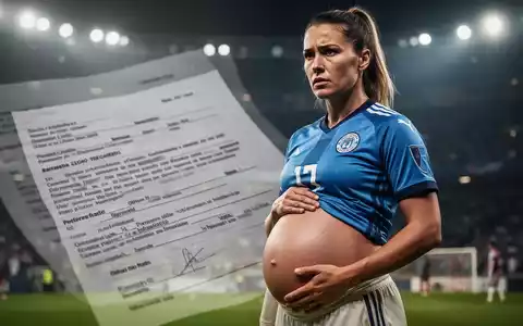 Eine schwangere Fußballspielerin steht entschlossen in einem Stadion, im Hintergrund unscharf ein Vertrag oder Rechtsdokument. - Foto: über boerse-global.de