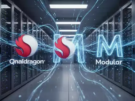 A stylized Qualcomm Snapdragon logo connected by glowing data streams to an abstract 'M' symbol, representing AI software. - Foto: über boerse-global.de