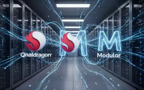 A stylized Qualcomm Snapdragon logo connected by glowing data streams to an abstract 'M' symbol, representing AI software. - Foto: über boerse-global.de