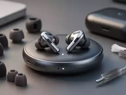 Close-up of AirPods Pro 3 earbuds on a wireless charger, surrounded by memory foam ear tips and a cleaning brush. - Foto: über boerse-global.de