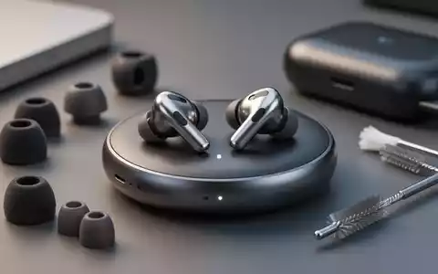 Close-up of AirPods Pro 3 earbuds on a wireless charger, surrounded by memory foam ear tips and a cleaning brush. - Foto: über boerse-global.de