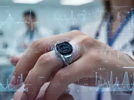 Ein eleganter, futuristischer Smart Ring an einem Frauenfinger, der subtil mit Datenvisualisierungen leuchtet. Im Hintergrund eine verschwommene klinische Umgebung. - Foto: über boerse-global.de