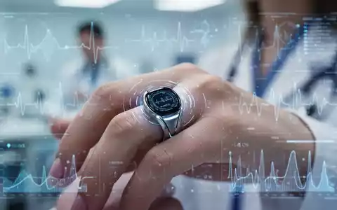 Ein eleganter, futuristischer Smart Ring an einem Frauenfinger, der subtil mit Datenvisualisierungen leuchtet. Im Hintergrund eine verschwommene klinische Umgebung. - Foto: über boerse-global.de