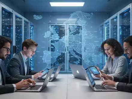 Small server room with glowing blue data racks. SME employees collaborate in the foreground, with a subtle map of Europe in the background. - Foto: über boerse-global.de
