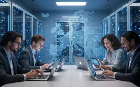 Small server room with glowing blue data racks. SME employees collaborate in the foreground, with a subtle map of Europe in the background. - Foto: über boerse-global.de