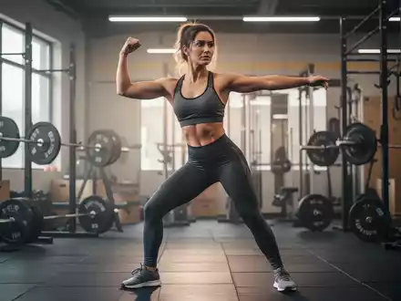Eine Frau in Sportkleidung posiert dynamisch in einem modernen Fitnessstudio, umgeben von Trainingsgeräten, im Stil eines professionellen Fotos. - Foto: über boerse-global.de