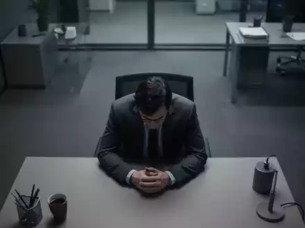 Eine einsame, nachdenkliche Person sitzt an einem Schreibtisch in einem schwach beleuchteten Büro, was psychische Belastung symbolisiert. - Foto: über boerse-global.de