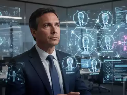 Eine CHRO betrachtet eine holografische Anzeige, die menschliche und KI-Mitarbeiterprofile und Datenvisualisierungen zeigt. Fokus auf strategisches HR. - Foto: über boerse-global.de