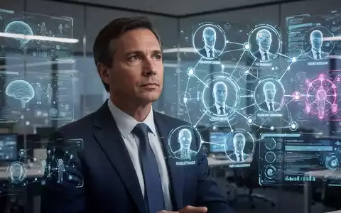Eine CHRO betrachtet eine holografische Anzeige, die menschliche und KI-Mitarbeiterprofile und Datenvisualisierungen zeigt. Fokus auf strategisches HR. - Foto: über boerse-global.de