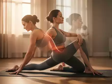 Eine ruhige Frau in Sportkleidung übt eine sanfte Yoga-Pose auf einer Matte, um Rückenschmerzen und Verspannungen zu lindern. - Foto: über boerse-global.de