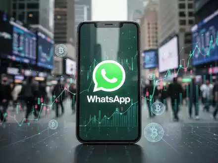 A smartphone displaying the WhatsApp logo, overlaid with financial charts and digital currency symbols, against a blurred city skyline. - Foto: über boerse-global.de