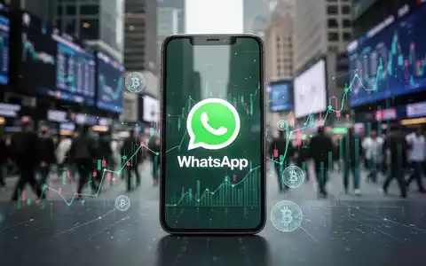 A smartphone displaying the WhatsApp logo, overlaid with financial charts and digital currency symbols, against a blurred city skyline. - Foto: über boerse-global.de