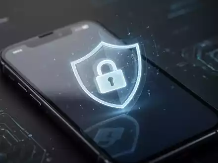 A close-up of a smartphone screen showing a digital lock icon and a glowing shield, symbolizing automatic theft protection. - Foto: über boerse-global.de