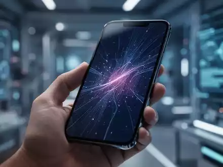 Hand holding a modern smartphone displaying a vibrant, abstract digital interface, with a blurred tech background. - Foto: über boerse-global.de