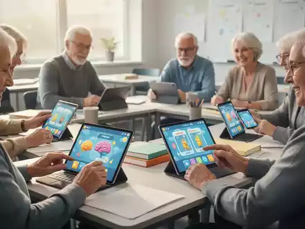 Ältere Erwachsene nutzen Tablets und Smartphones in einem Klassenzimmer, um Gedächtnis-Apps zu trainieren und digitale Kompetenzen zu erlernen. - Foto: über boerse-global.de