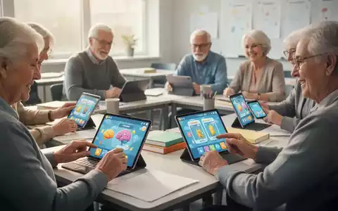 Ältere Erwachsene nutzen Tablets und Smartphones in einem Klassenzimmer, um Gedächtnis-Apps zu trainieren und digitale Kompetenzen zu erlernen. - Foto: über boerse-global.de