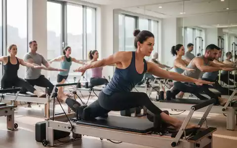 Eine Gruppe von Menschen führt präzise Pilates-Übungen in einem hellen Studio aus, wobei der Fokus auf korrekter Form und Konzentration liegt. - Foto: über boerse-global.de