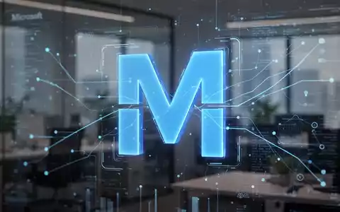 A glowing blue 'M' icon representing Microsoft, with digital data overlays, symbolizing software deals and technological transitions. - Foto: über boerse-global.de