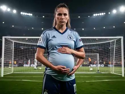 Eine schwangere Profifußballerin in einem Stadion, die Stärke und Entschlossenheit ausstrahlt, mit Fokus auf ihren Babybauch. - Foto: über boerse-global.de
