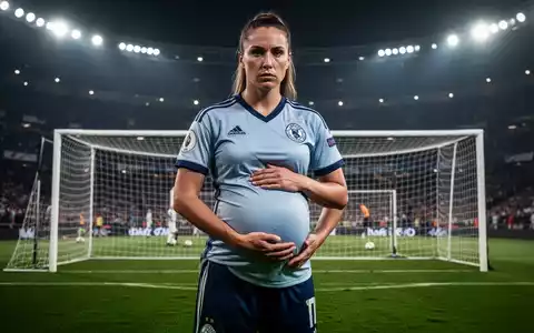 Eine schwangere Profifußballerin in einem Stadion, die Stärke und Entschlossenheit ausstrahlt, mit Fokus auf ihren Babybauch. - Foto: über boerse-global.de