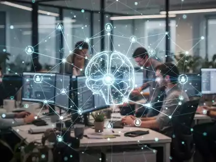 Ein abstraktes Netzwerk aus leuchtenden digitalen Linien und Knotenpunkten überlagert ein modernes Büro mit arbeitenden Menschen, symbolisiert vernetzte KI-Teamarbeit. - Foto: über boerse-global.de