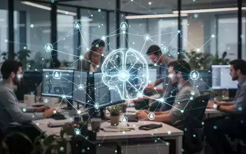 Ein abstraktes Netzwerk aus leuchtenden digitalen Linien und Knotenpunkten überlagert ein modernes Büro mit arbeitenden Menschen, symbolisiert vernetzte KI-Teamarbeit. - Foto: über boerse-global.de