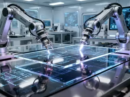 Robotic arms in a futuristic cleanroom precisely assembling glowing, ultra-thin OLED display panels, symbolizing advanced tech manufacturing. - Foto: über boerse-global.de