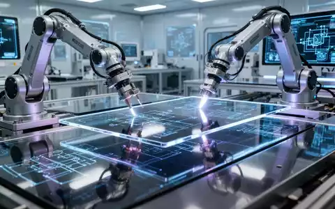 Robotic arms in a futuristic cleanroom precisely assembling glowing, ultra-thin OLED display panels, symbolizing advanced tech manufacturing. - Foto: über boerse-global.de