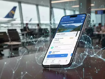 Smartphone mit einer Reisebuchungs-App, überlagert von digitalen Datenströmen und KI-Mustern, im Hintergrund ein Flughafen. - Foto: über boerse-global.de