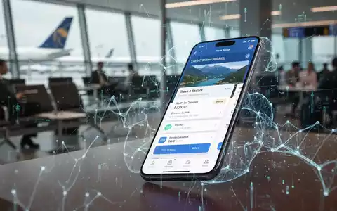 Smartphone mit einer Reisebuchungs-App, überlagert von digitalen Datenströmen und KI-Mustern, im Hintergrund ein Flughafen. - Foto: über boerse-global.de
