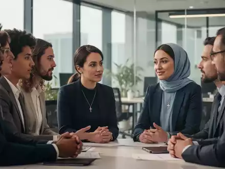 Eine vielfältige Gruppe von Fachleuten arbeitet in einem modernen Büro zusammen, einige tragen subtile religiöse Symbole. - Foto: über boerse-global.de