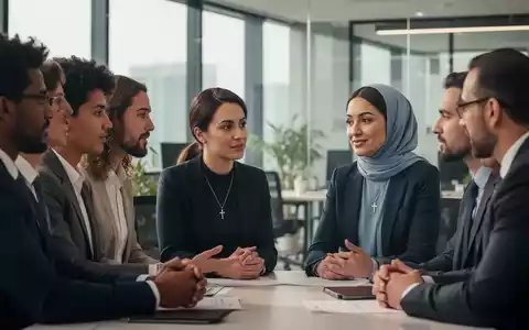 Eine vielfältige Gruppe von Fachleuten arbeitet in einem modernen Büro zusammen, einige tragen subtile religiöse Symbole. - Foto: über boerse-global.de