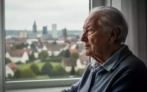 Ein nachdenklicher älterer Mensch blickt aus einem Fenster, mit einer verschwommenen Stadt- oder Landschaft im Hintergrund. - Foto: über boerse-global.de