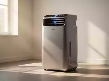 Eine moderne, mobile Klimaanlage in einem hellen Raum mit einer digitalen Anzeige, die eine hohe Temperatur anzeigt. - Foto: über boerse-global.de