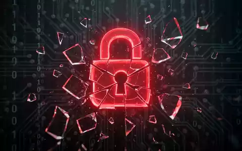 Shattered, glowing red digital lock icon with fragments floating against a dark background of binary code, symbolizing a broken security system. - Foto: über boerse-global.de