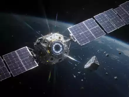 Ein Starlink-Satellit im Orbit entgeht knapp einer Kollision mit Weltraumschrott vor dem Hintergrund der Erde. - Foto: über boerse-global.de