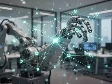 Eine stilisierte, leuchtende neuronale Netzwerkgrafik überlagert Robotikkomponenten in einer modernen Büroumgebung. - Foto: über boerse-global.de