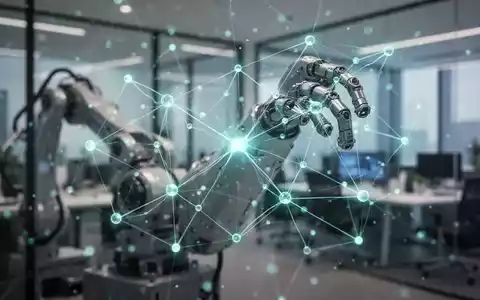 Eine stilisierte, leuchtende neuronale Netzwerkgrafik überlagert Robotikkomponenten in einer modernen Büroumgebung. - Foto: über boerse-global.de