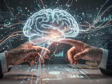 Eine stilisierte, leuchtende KI-Gehirnstruktur mit Datenströmen, die sich mit menschlichen Händen verbinden, die eine holografische Schnittstelle bedienen. - Foto: über boerse-global.de