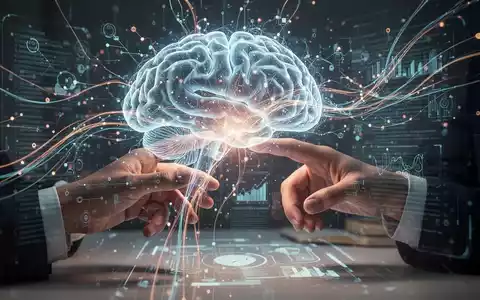 Eine stilisierte, leuchtende KI-Gehirnstruktur mit Datenströmen, die sich mit menschlichen Händen verbinden, die eine holografische Schnittstelle bedienen. - Foto: über boerse-global.de
