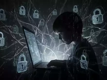 Silhouette of a child looking at a screen, surrounded by abstract digital threats like lock icons and data streams. - Foto: über boerse-global.de