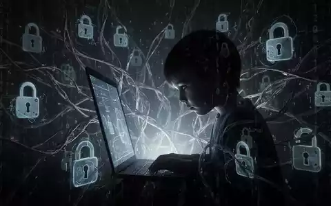 Silhouette of a child looking at a screen, surrounded by abstract digital threats like lock icons and data streams. - Foto: über boerse-global.de